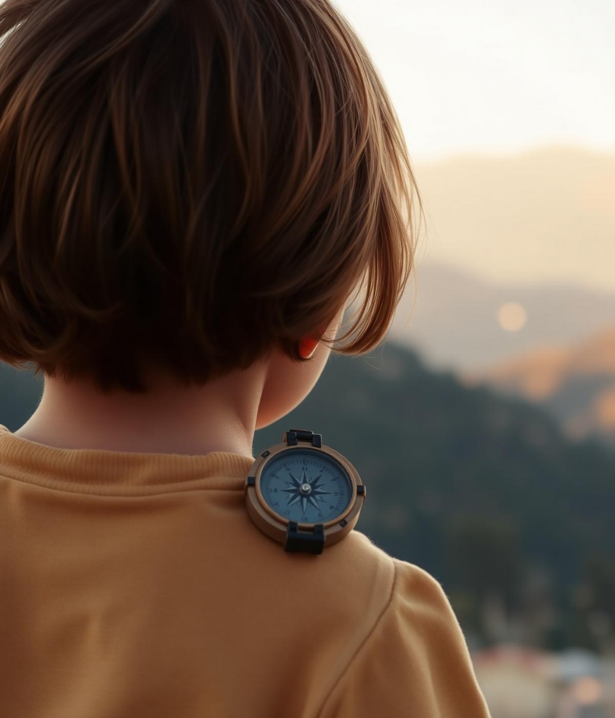 Bambino con una bussola guarda l'orizzonte